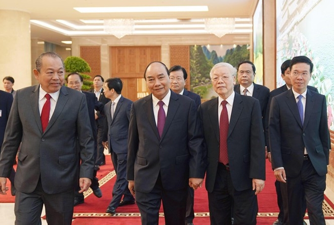 Tổng Bí thư, Chủ tịch nước Nguyễn Phú Trọng và các đồng chí lãnh đạo Đảng, Nhà nước dự hội nghị.