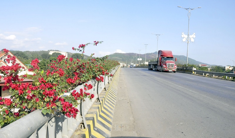 Tại các lan can càu, trên các tuyến giao thông của TP Uông Bí đều được trồng hoa giấy, tạo môi trường sạch, đẹp, văn minh. (Ảnh chụp tháng 1/2020)