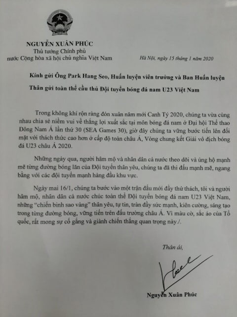 Bức thư của Thủ tướng Nguyễn Xuân Phúc gửi ĐT U23 Việt Nam
