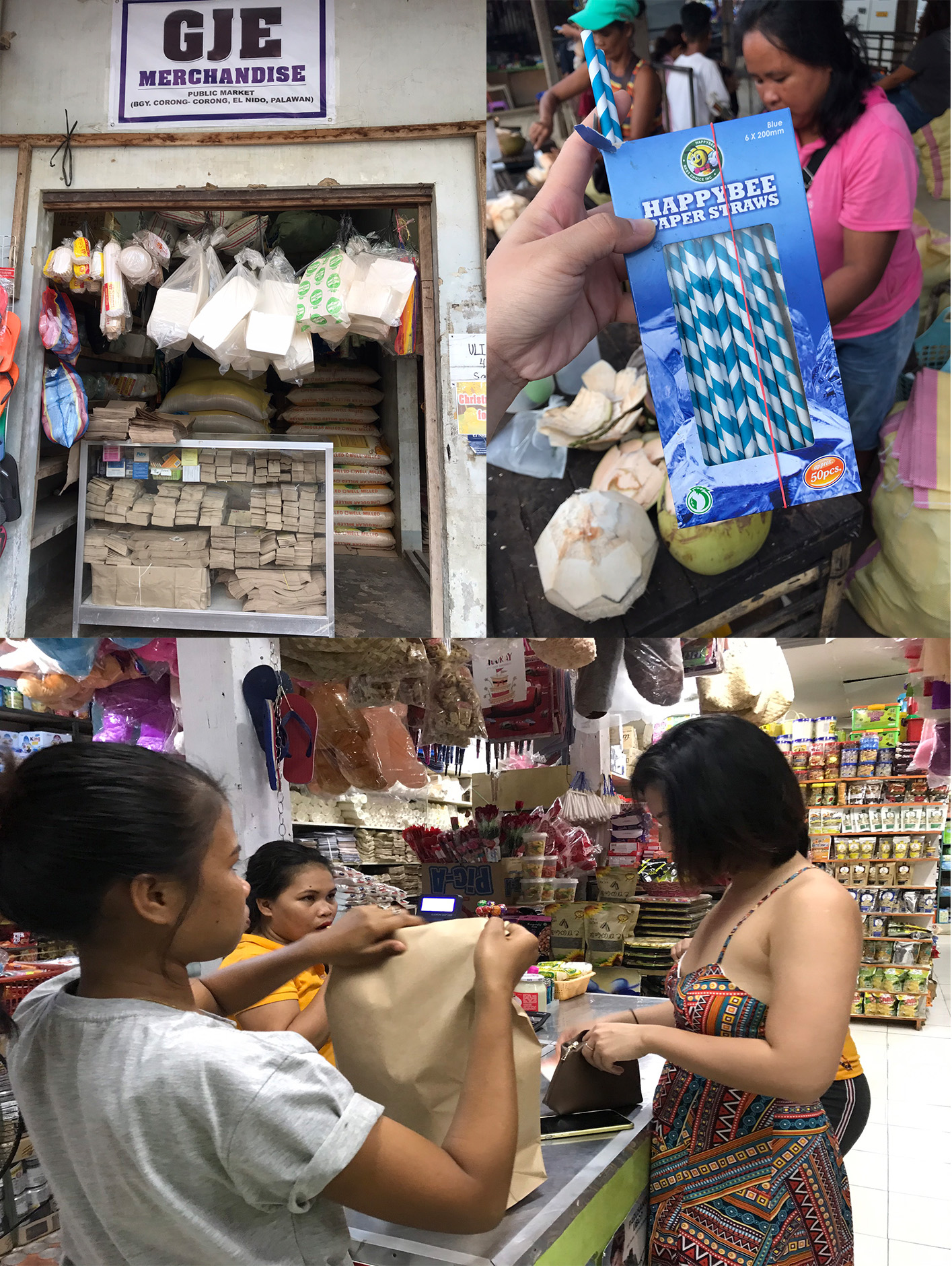 Tui giấy, túi nilong sinh học, ống hút giấy được bày bán rộng rãi, giúp người dân ở tỉnh Palawan, Philippines dễ dàng sử dụng. 