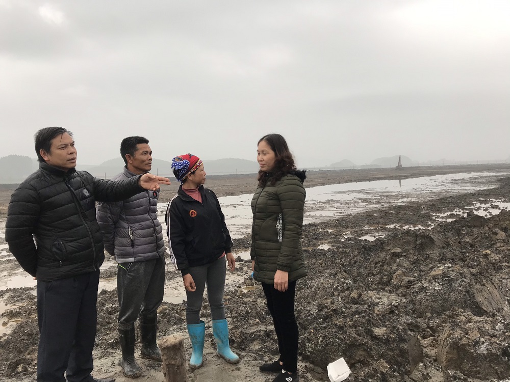 Cán bộ Hội nông dân xã đến thôn Trường Trùng, xã Hải Lạng để thăm mô hình nuôi tôm thẻ chân trắng của gia đình chị Trần Thị Hài, thôn Trường Trùng. 