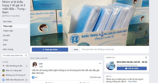 Số khẩu trang trên được giao dịch trên mạng xã hội Facebook qua nhóm: Nhóm sỉ khẩu trang Y tế rẻ 3 miền Bắc - Trung - Nam