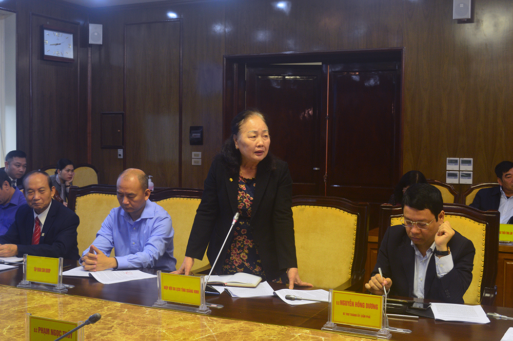 Chủ tịch Hiệp hội Du lịch Quảng Ninh Nguyễn Thị Bảo đóng góp ý kiến và chia sẻ những khó khăn của doanh nghiệp do dịch bệnh gây ra. 