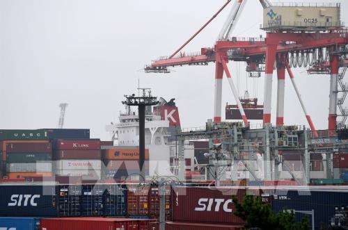 Bốc dỡ hàng hóa tại cảng contenơ ở Tokyo, Nhật Bản. Ảnh: AFP/ TTXVN