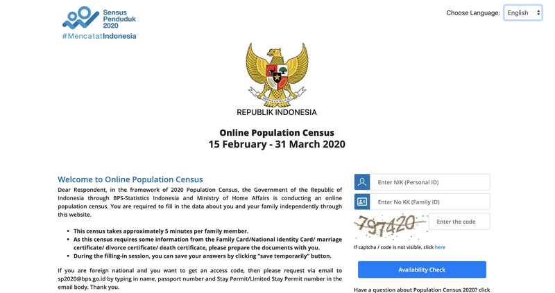 Ảnh chụp màn hình trang web điều tra dân số trực tuyến của Indonesia.