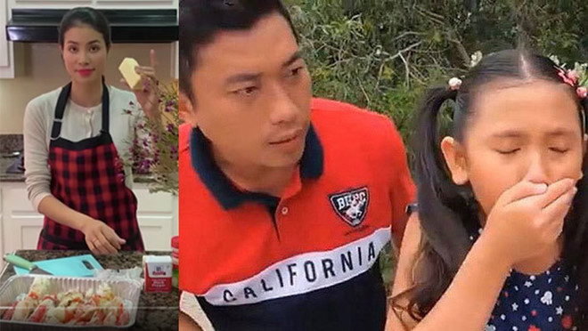 Hoa hậu Phạm Hương bị mất điểm vì vlog ẩm thực (ảnh trái); Diễn viên Kinh Quốc bị chỉ trích vì clip cho nghệ sĩ nhí thử thách ăn thanh long