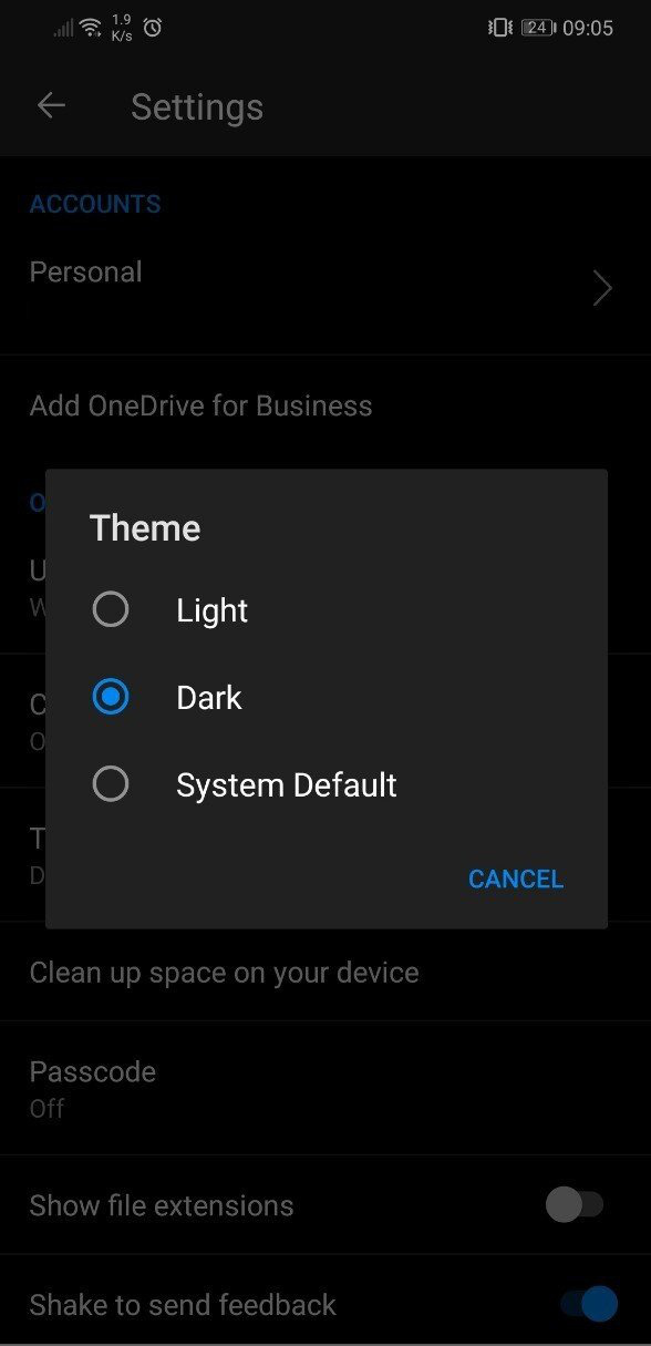 Các tùy chọn khi kích hoạt chế độ nền tối của ứng dụng OneDrive