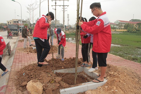 Các em học sinh hăng hái tham gia trồng cây phủ xanh Đảo Ngọc