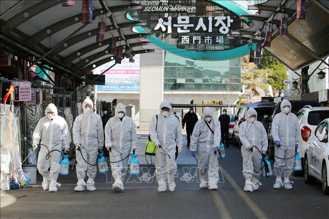 Phun thuốc khử trùng tại một khu chợ ở thành phố Daegu, Hàn Quốc nhằm ngăn chặn sự lây lan của dịch COVID-19, ngày 23/2/2020. Ảnh: AFP/TTXVN