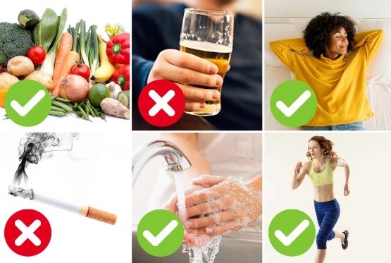 Giảm căng thẳng, ăn nhiều trái cây, rau xanh, ngủ ngon giấc, tuyệt đối không hút thuốc, uống rượu là những cách tăng cường hệ miễn dịch để cơ thể chống lại Covid-19.
