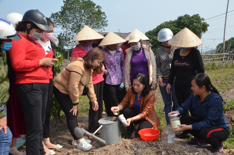 Chủ tịch Hội LHPN TP Móng Cái Lê Thanh Nhàn (áo nâu) hướng dẫn hội viên phụ nữ xã Hải Tiến cách ủ rác bằng men vi sinh.