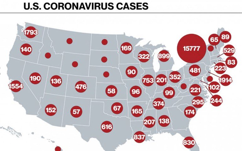 Tình trạng lây nhiễm SARS-CoV-2 ở Mỹ tính đến ngày 22/3. Ảnh: ABC News.