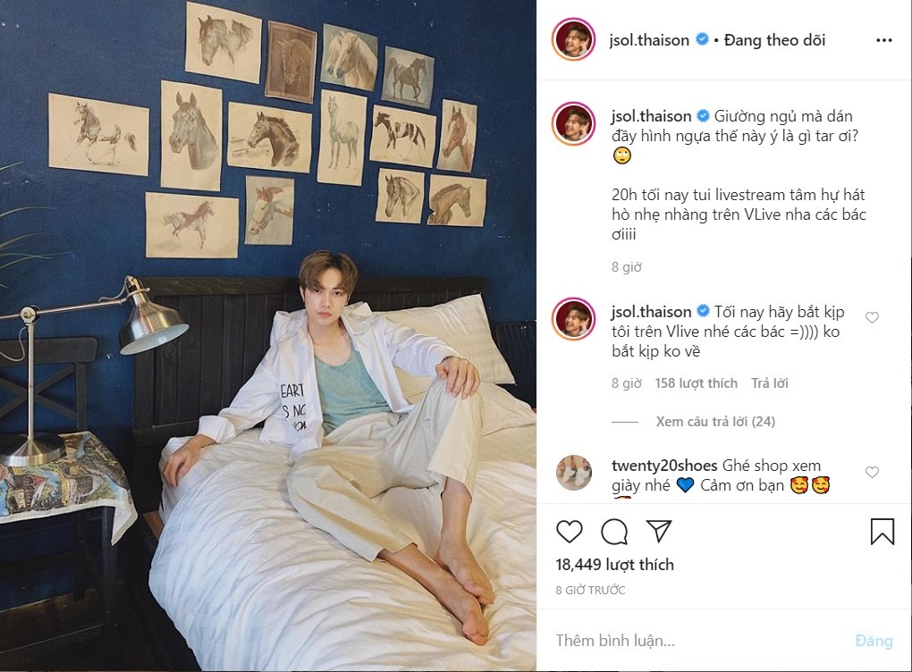 Jsol đăng tải hình ảnh mới nhấtvà hứa hẹn sẽ có một buổi livestream giao lưu với fan hâm mộ ngay tại nhà. Ảnh nguồn: Instagram jsol.thaison.