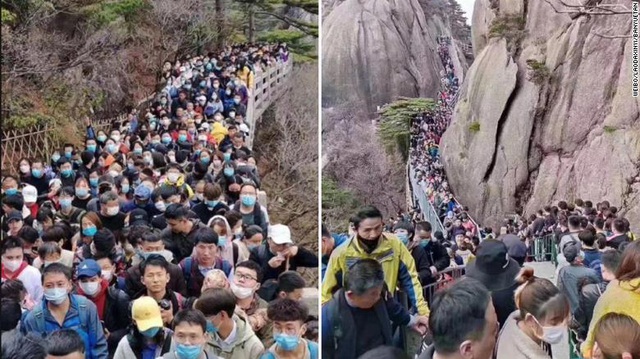 Đường lên núi Hoàng Sơn chật kín du khách ngày 4/4. Ảnh: CNN