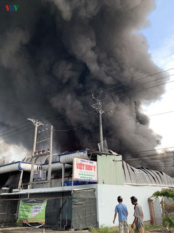 Ngọn lửa bùng phát tại doanh nghiệp Việt Như Ý, xã Tân Hưng, huyện Cái Bè.