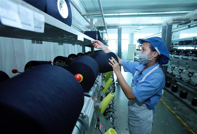 Sản xuất sản phẩm dệt nhuộm tại Công ty TNHH Dệt nhuộm Jasan Việt Nam (tỉnh Hưng Yên). Ảnh minh họa: Phạm Kiên/TTXVN