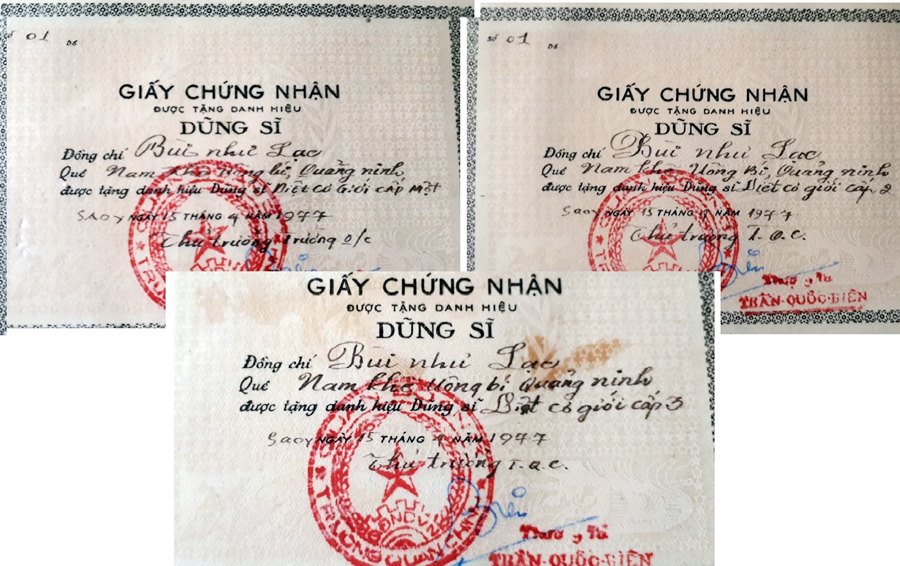Giấy chứng nhận Dũng sĩ diệt xe cơ giới ở cả 3 cấp của CCB Bùi Như Lạc.