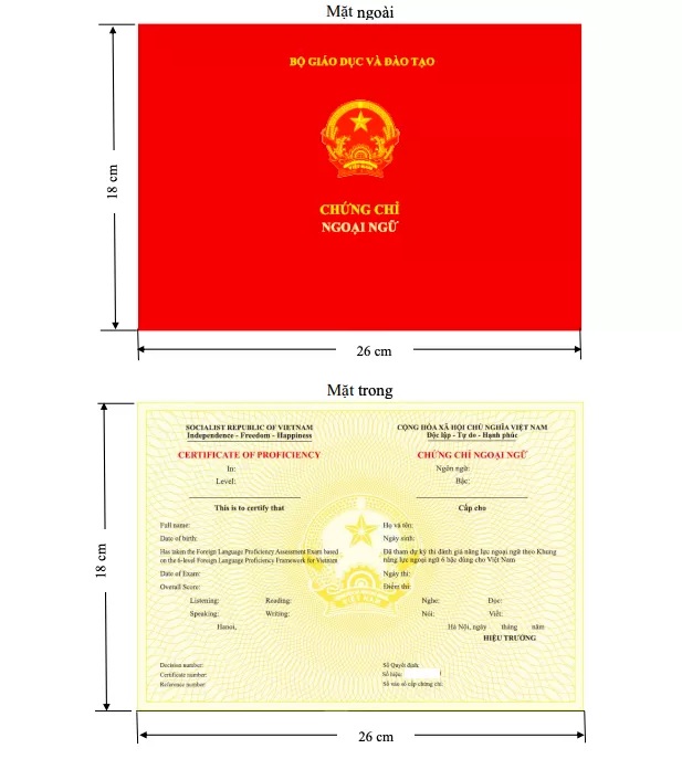 Mẫu hai mặt chứng chỉ theo Khung năng lực ngoại ngữ sáu bậc dùng cho Việt Nam theo quy định của Bộ GD-ĐT