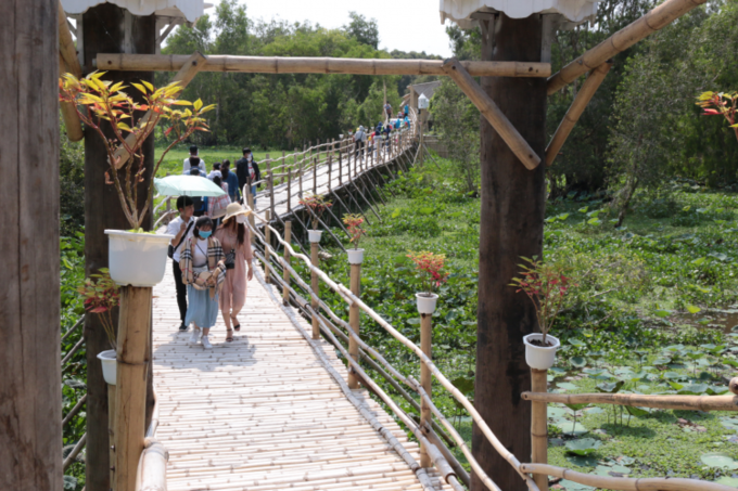 Cây cầu tre từ khi đưa vào hoạt động ở giai đoạn 1 đã thu hút nhiều du khách đến tham quan, trải nghiệm. Ảnh: Văn Dương.
