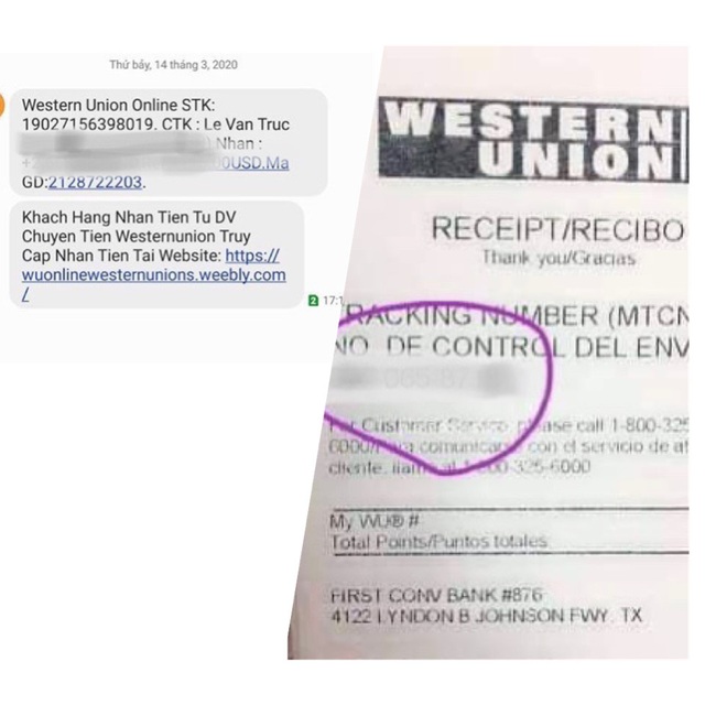 Các đối tượng lừa đảo giả lập một hóa đơn, chứng từ tiếp nhận tiền của dịch vụ chuyển tiền quốc tế Western Union rồi gửi tin nhắn hình ảnh cho bị hại.