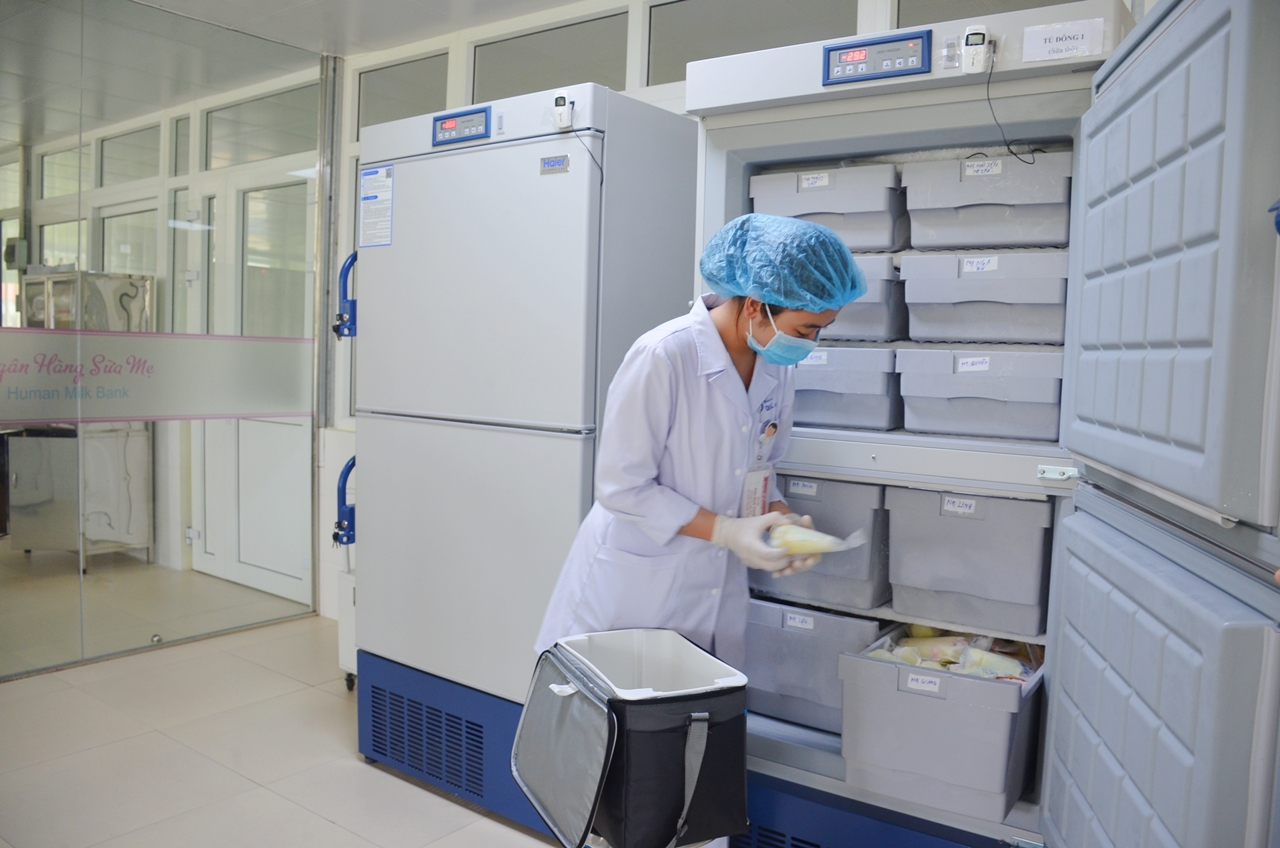 Nhân viên thu gom sữa mẹ do các bà mẹ hiến tặng để tích trữ tại NHSM, Bệnh viện Sản Nhi Quảng Ninh.