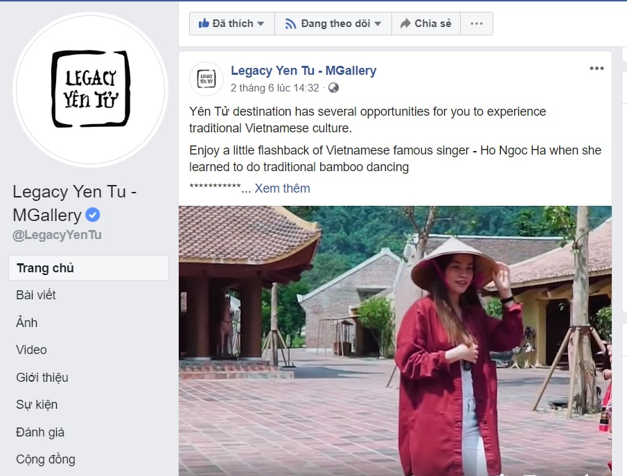 Khu nghỉ dưỡng Legacy Yên Tử sử dụng hình ảnh của người nổi tiếng để quảng bá thương hiệu, giới thiệu sản phẩm du lịch trên mạng xã hội facebook.