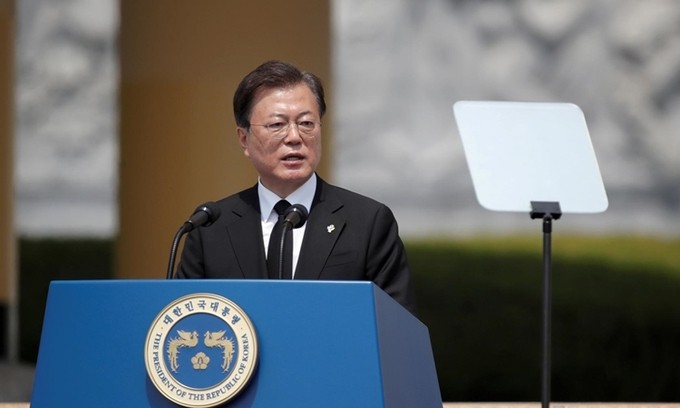 Tổng thống Hàn Quốc Moon Jae-in phát biểu tại thành phố Daejeon hôm 6/6. Ảnh: Reuters.