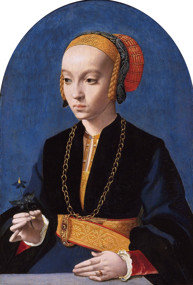 Bức tranh khắc họa người phụ nữ với những dải tóc tết trên đầu và một nhành cây trên tay là hai dấu hiệu cho thấy người phụ nữ sắp bước vào hôn nhân