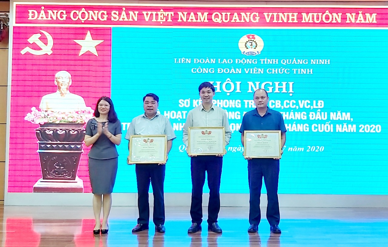 Đồng chí Đỗ Thị Ninh Hường, Phó Chủ tịch Thường trực LĐLĐ tỉnh tặng bằng khen cho các tập thể thực hiện tốt Nghị quyết 6b/NQ-TLĐ và phong trào 