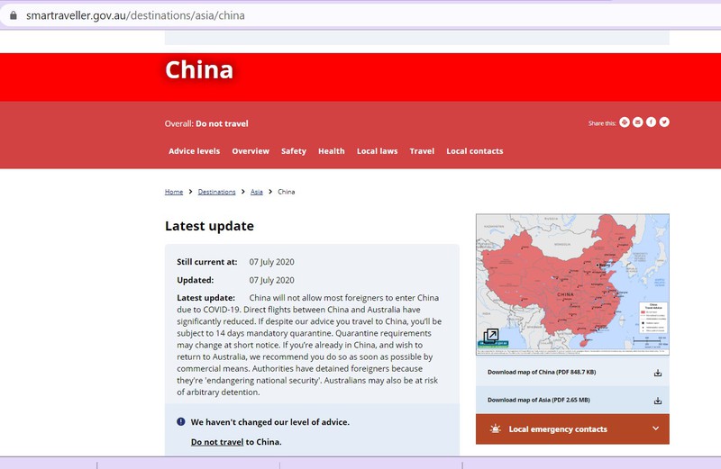 Cảnh báo du lịch tới Trung Quốc được đăng tải trên trang web của Bộ Ngoại giao Australia. Ảnh chụp màn hình