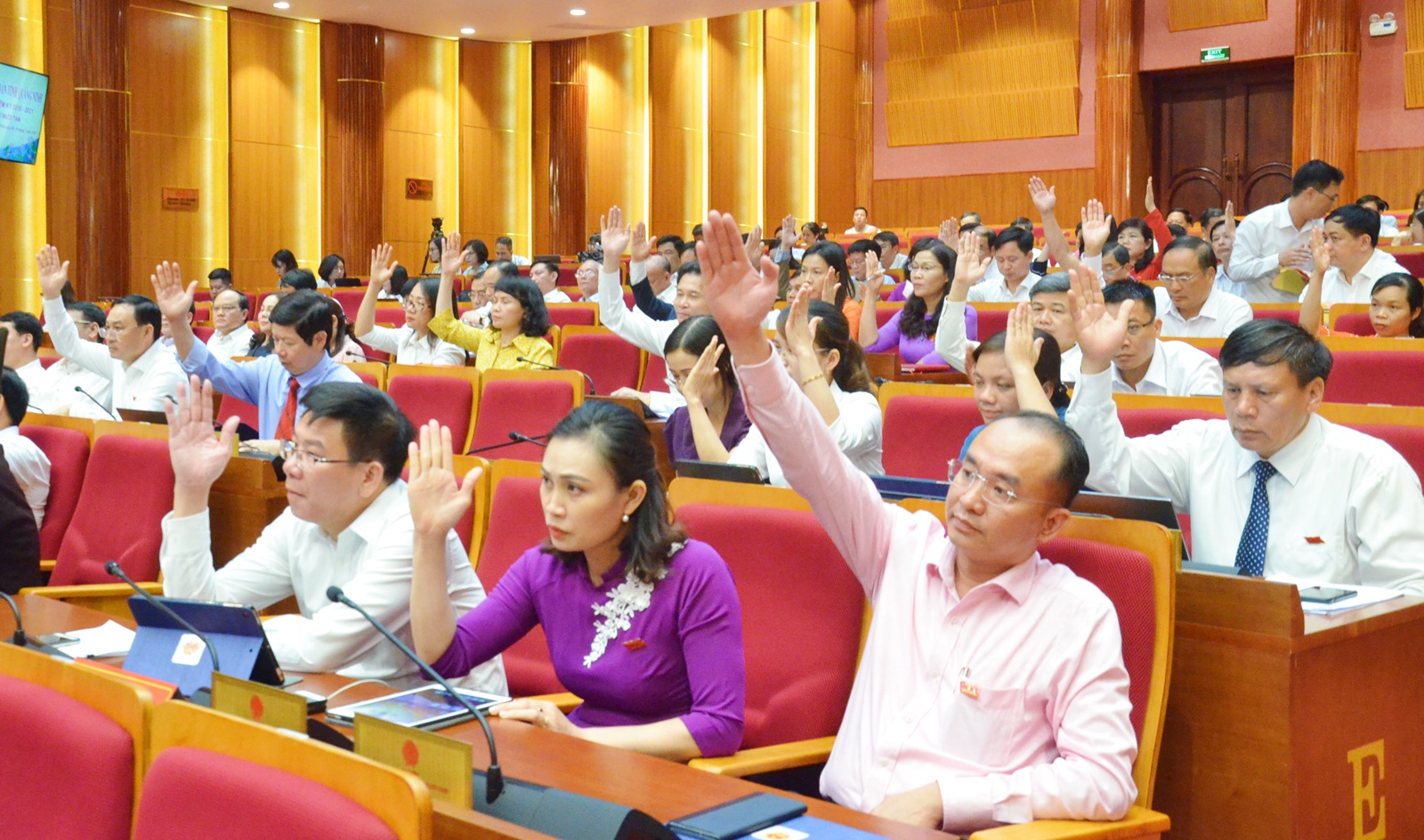 Các đại biểu HĐND tỉnh đã biểu quyết nhất trí miễn nhiệm Ủy viên UBND tỉnh đối với Đại tá Đỗ Văn Lực, nguyên Giám đốc Công an tỉnh.