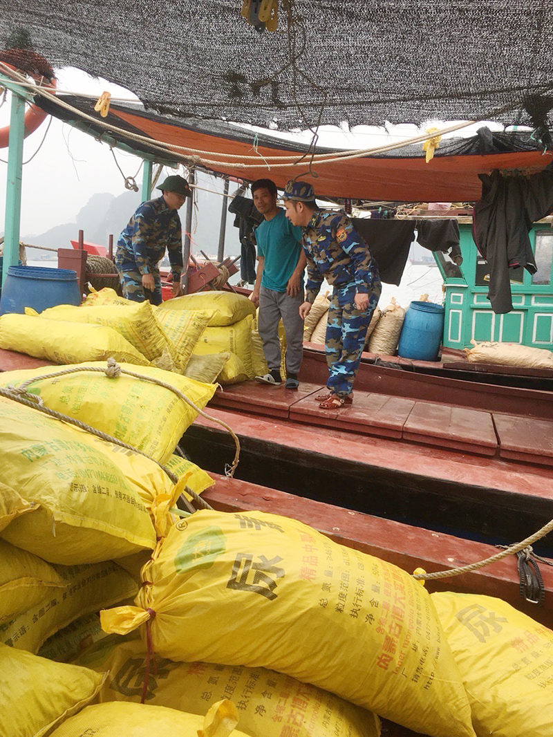 Cán bộ, chiến sỹ Đồn BP Quan Lạn hỗ trợ ngư dân thu hoạch hải sản nuôi trồng.