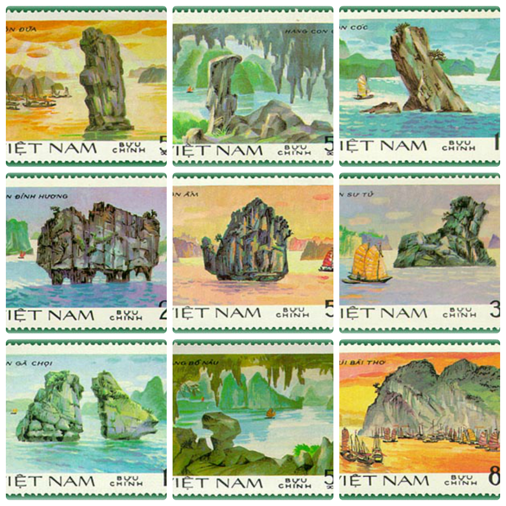 Bộ tem: Phong cảnh Vịnh Hạ Long, gồm 10 mẫu tem, phát hành năm 1984. (Hình ảnh: Hòn Đũa; Núi Yên Ngựa; Hang Bồ Nâu; Hang Con Gái; Hòn Cóc; Hòn Gà Chọi; Hòn Đỉnh Hương; Hòn Sư Tử; Hòn Ấm; Núi Bài Thơ)