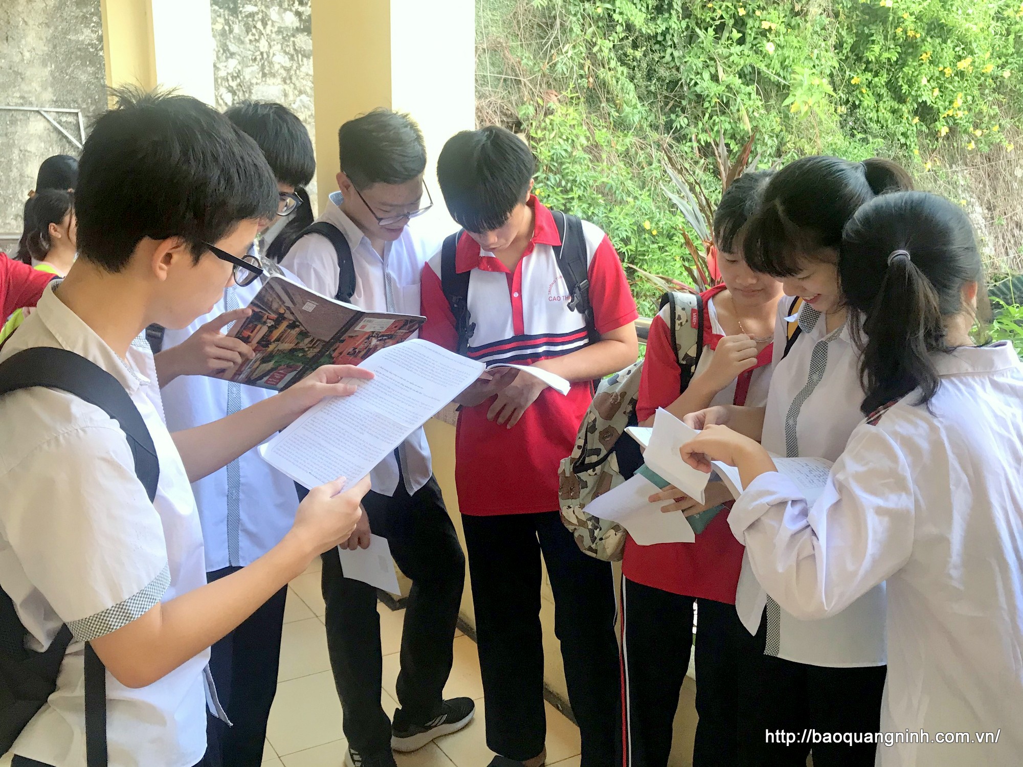 Các thí sinh tranh thủ ôn lại kiến thức trước khi vào phòng thi tại điểm thi THPT Ngô Quyền (TP Hạ Long). Ảnh: Hoàng Quỳnh.