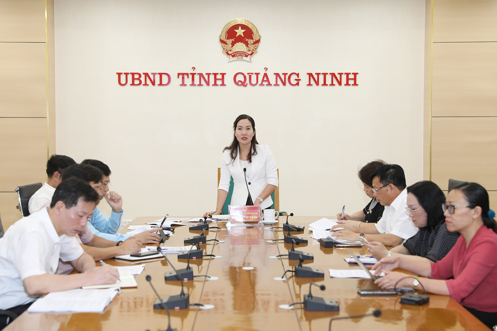 Đồng chí Nguyễn Thị Hạnh, Phó Chủ tịch UBND tỉnh phát biểu tại cuộc họp trực tuyến