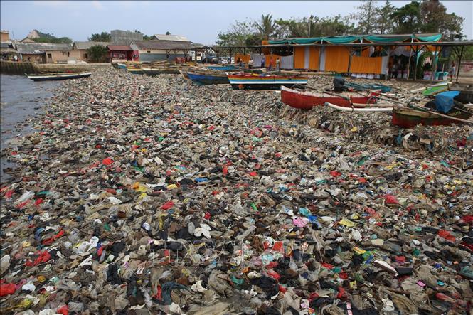 Rác thải nhựa tràn ngập trên bãi biển Sukaraja ở Bandar Lampung, Indonesia, ngày 8/9/2019. Ảnh: AFP/TTXVN