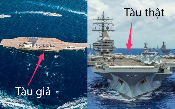Bức ảnh hải quân Mỹ đăng để so sánh giữa tàu sân bay Mỹ và mô hình của Iran. Ảnh: Instagram.