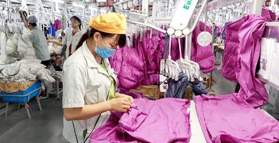 Người lao động làm việc tại Công ty TNHH May mặc Hoa Lợi Đạt, KCN Cảng biển Hải Hà được cấp phát khẩu trang phòng chống dịch.