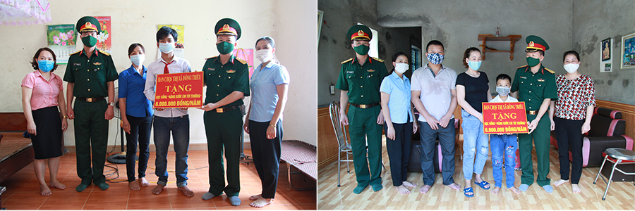 Lãnh đạo Ban CHQS TX Đông Triều, trao học bổng cho 2 em Nguyễn Văn Doanh,  Nguyễn Thành Đạt.
