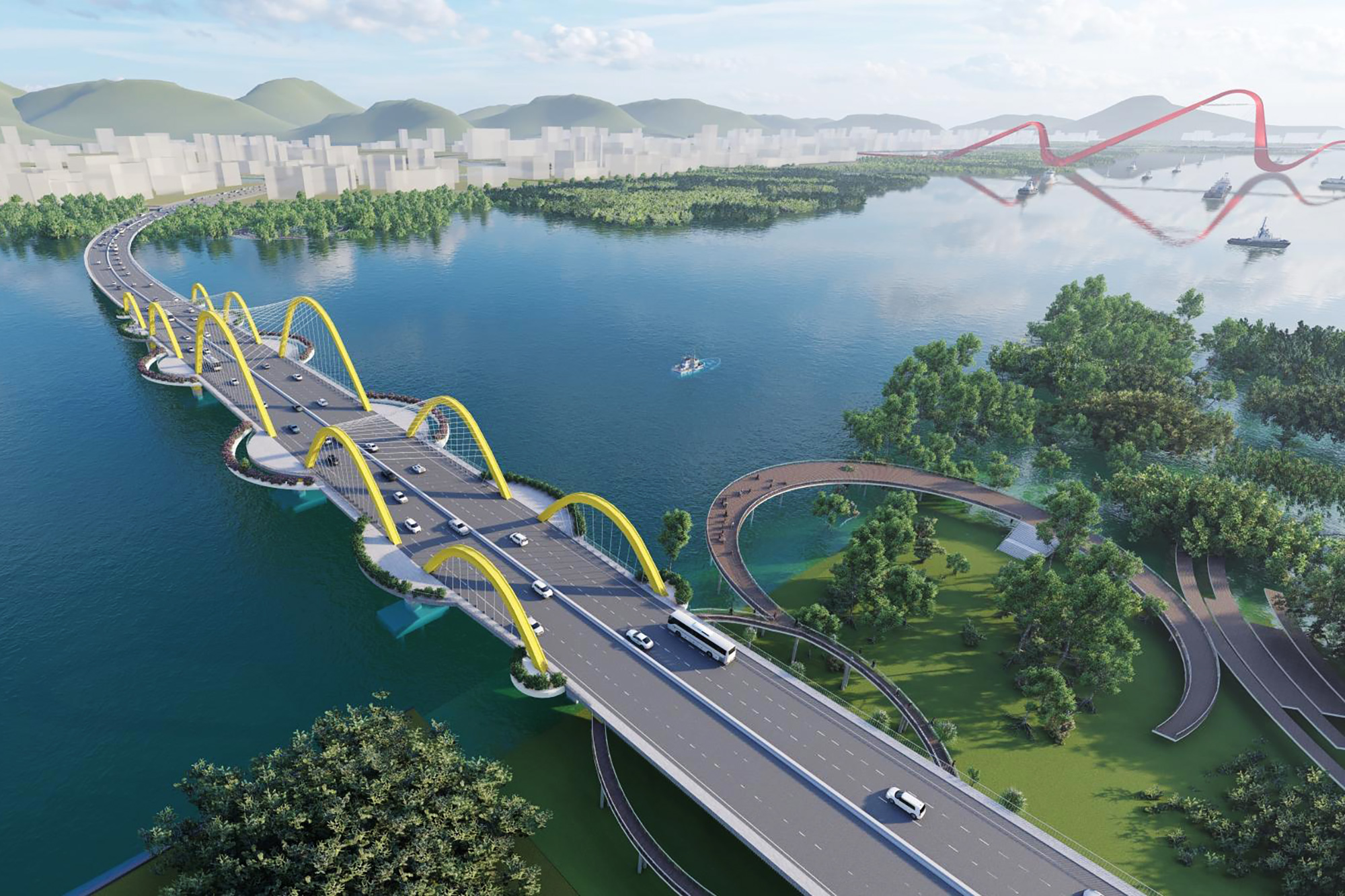Phối cảnh cầu Cửa Lục 1, cây cầu nối đôi bờ vịnh Cửa Lục sẽ tạo thuận lợi trong kết nối các khu vực của TP Hạ Long.
