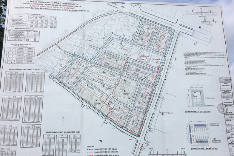 Bản đồ quy hoạch xây dựng, đầu tư hạ tầng kỹ thuật các khu dân cư đô thị tại thị trấn Quảng Hà được niêm yết công khai tại địa điểm thực hiện.