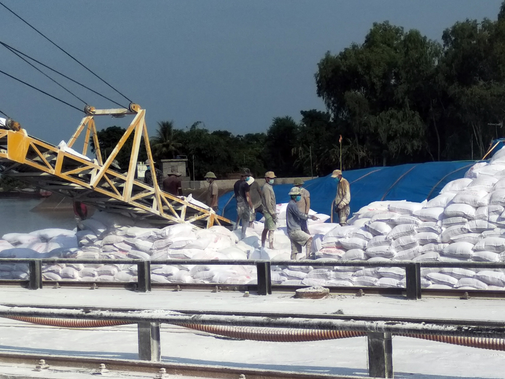 Bốc xếp hàng bột sắn tại cảng của Công ty CP Thành Đạt.