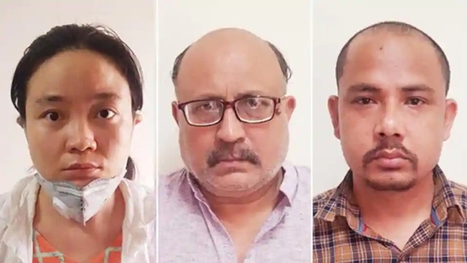 Từ trái qua phải: Qing Shi, nhà báo tự do Rajeev Sharma và Sher Singh, ba người bị cảnh sát Ấn Độ bắt đầu tuần này liên quan đến vụ bán thông tin mật. Ảnh: Cảnh sát New Delhi.