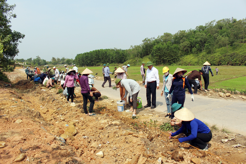 Người dân huyện Đầm Hà tròng hoa các tuyến đường liên xã, xây dựng NTM nâng cao.