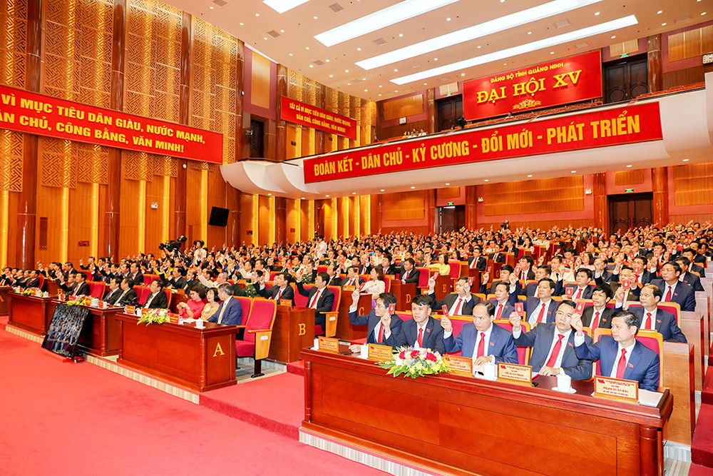 Các đại biểu biểu quyết thông qua Nghị quyết Đại hội Đại biểu Đảng bộ tỉnh lần thứ XV, nhiệm kỳ 2020-2025. Ảnh: Đỗ Phương