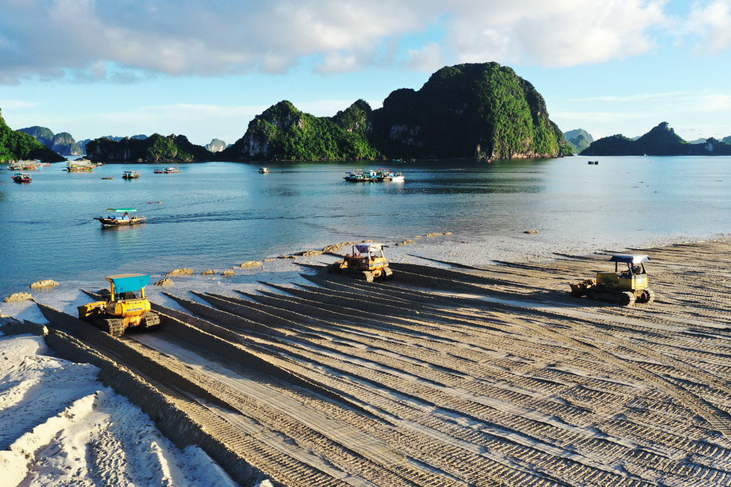 About 120,000 out of 150,000 square meter of sand has been poured along the beach.