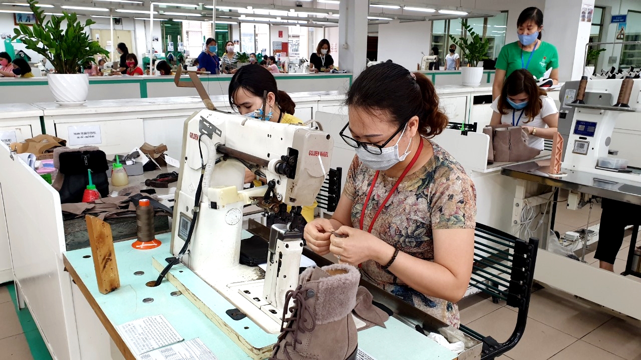 Các doanh nghiệp trên địa bàn tỉnh đã tạo việc làm cho hàng nghìn lao động mới mỗi năm. Trong ảnh: Công nhân Chi nhánh Công ty Sao Vàng Uông Bí thực hiện các công đoạn sản xuất giày xuất khẩu.