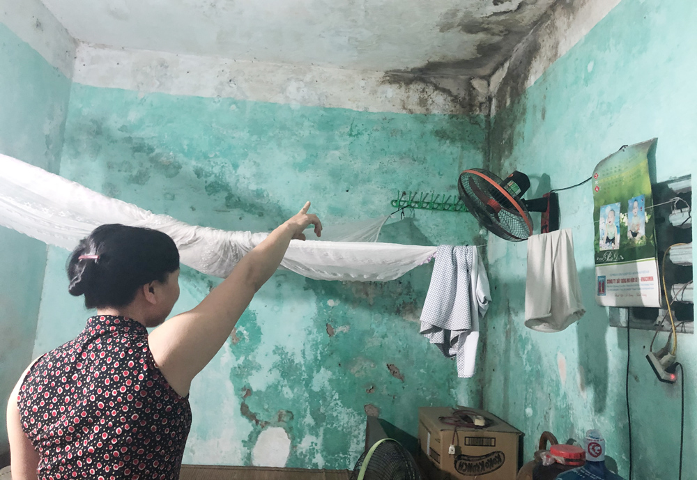 Căn hộ của gia đình chị Phạm Thị Huệ (chung cư lô 8, tổ 3, khu 4B, phường Cẩm Thành) luôn trong tình trạng dột, ẩm mốc.