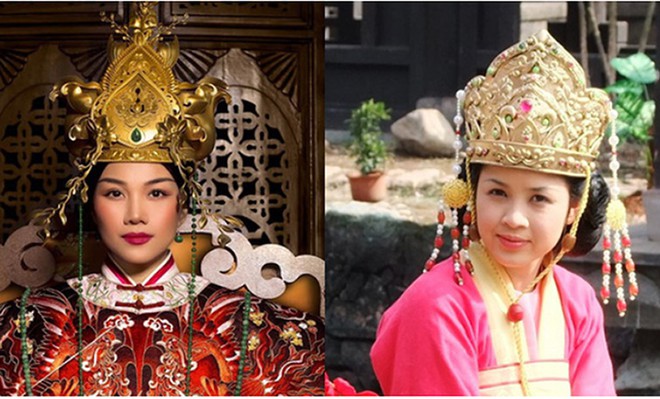 Hai mũ của Thái hậu Dương Vân Nga trong phim 'Đường tới thành Thăng Long' và phim 'Quỳnh Hoa Nhất Dạ' (trái) 