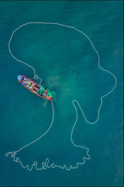 Bức ảnh của tác giả Duy Sinh ghi lại cảnh người dân quăng lưới đánh cá, tình cờ tạo thành gương mặt người con gái trên mặt biển - Ảnh: Aerial Photography Awards